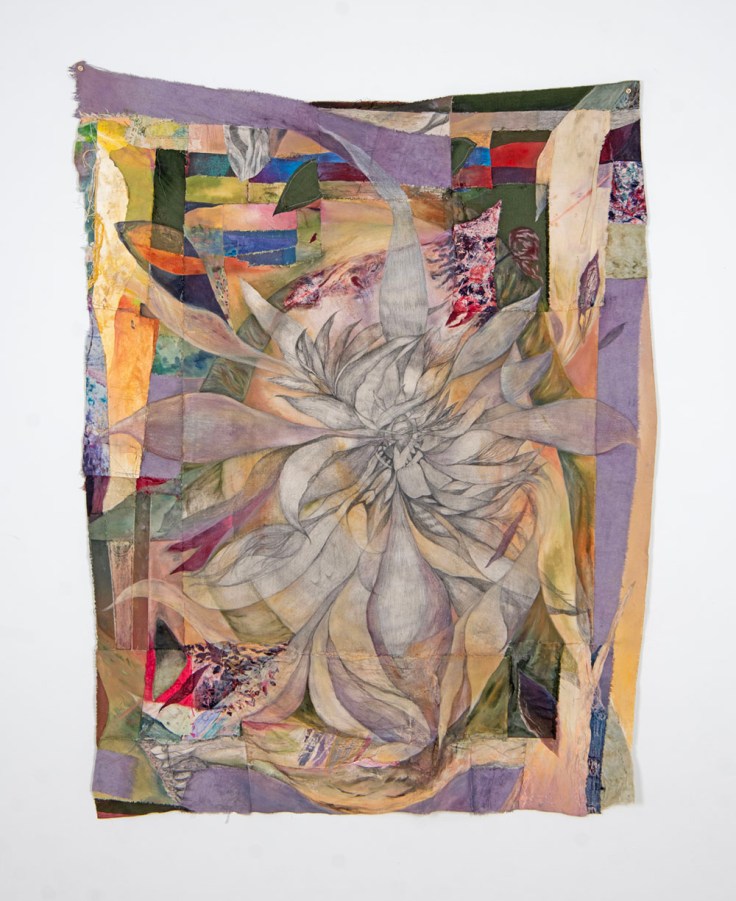 textile painted hanging with drawn flower in center