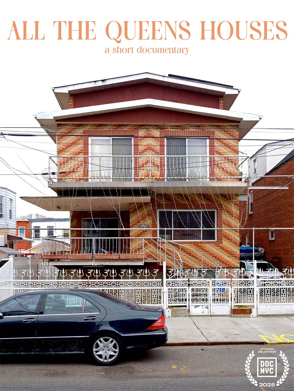 Image of house in Queens with multi-colored diagonally oriented brickwork and elaborate white railings and fences